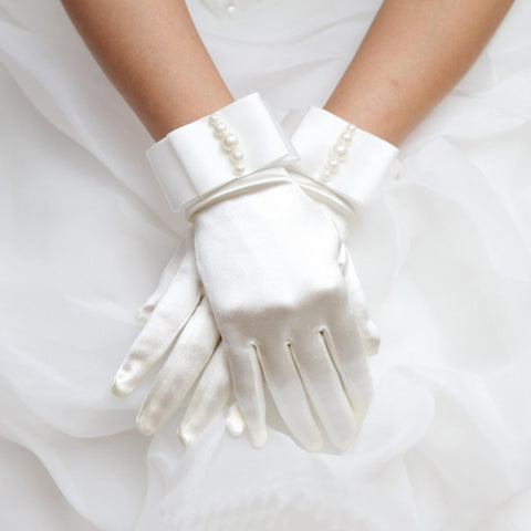 Womens Short Full Fingers Faux Pearl Beaded Bridal Wedding Gloves With Bow Satin